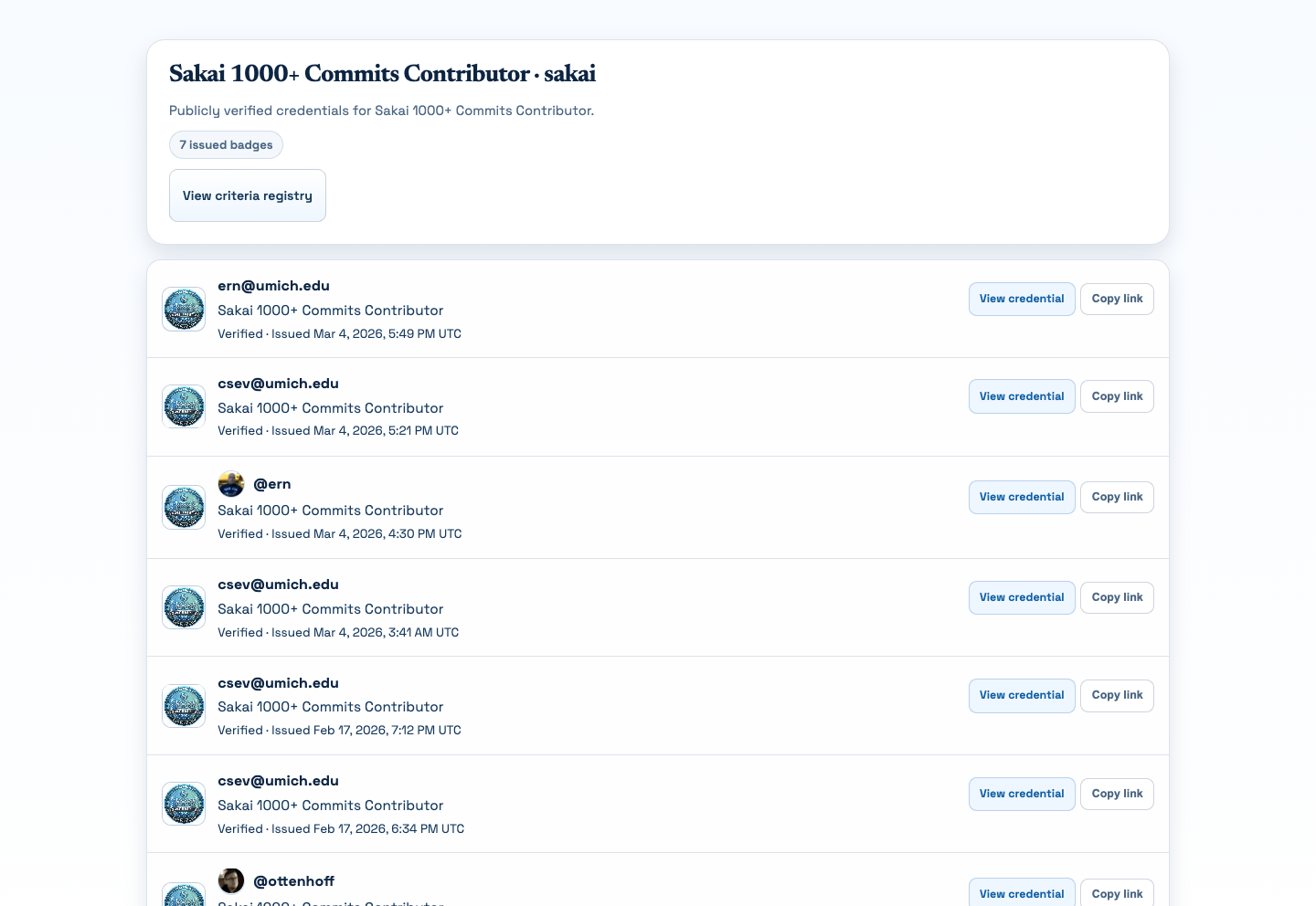 CredTrail public badge wall with copyable credential links
