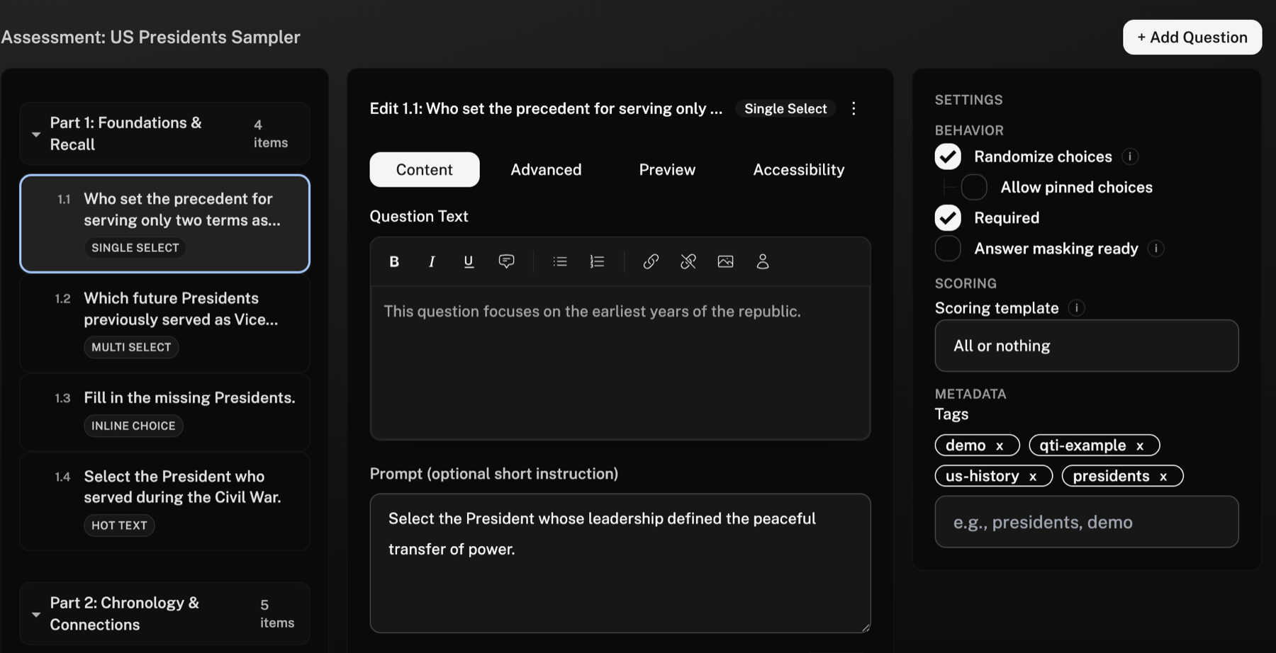 QFlow question editing workspace from a local demo assessment